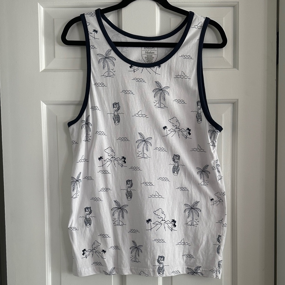 Mens White Tank Top with Navy Tropical Print